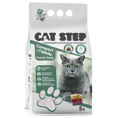 Кэт Степ Наполнитель минеральный комкующийся Cat Step Compact White для кошачьих туалетов, 5 л, Carbon, с активированным углем