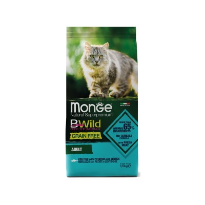 МОНЖЕ Корм беззерновой Cat BWild GRAIN FREE для кошек, лосось/горох, 1,5 кг, Monge