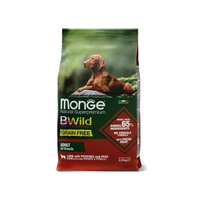 Монже Корм беззерновой BWild GRAIN FREE для собак всех пород Ягненок/Картофель/Горох, 2,5 кг, Monge