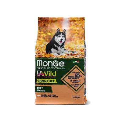 Монже Корм беззерновой BWild GRAIN FREE для собак всех пород, Лосось/Горох, 2,5 кг, Monge