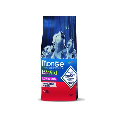Монже Корм низкозерновой BWild LOW GRAIN Puppy/Junior для щенков всех пород, Оленина, 2,5 кг, Monge
