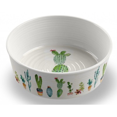 Тархонг Миска для кошек и собак Cactus белая с рисунком, 21,6*7 см, 1,9 л, один кактус, меламин, TarHong