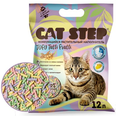 Кет Степ Наполнитель комкующийся растительный Cat Step Tofu Tutti Frutti, с ароматом лимонной карамели, 12 л