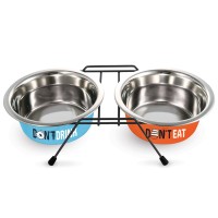 Триол Миска двойная металлическая Water/Food на подставке, голубая/оранжевая, 2*2,8 л, Triol