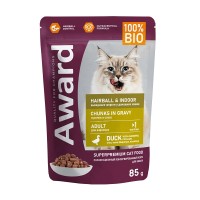 Авард Паучи Hairball/Indoor вывод шерсти у кошек, кусочки в соусе, Утка, 85 г, Award