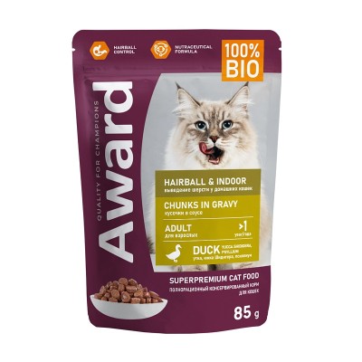 Авард Паучи Hairball/Indoor вывод шерсти у кошек, кусочки в соусе, Утка, 85 г, Award