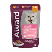 Авард Паучи Sterilized для стерилизованных кошек, кусочки в соусе, индейка, 85 г, Award